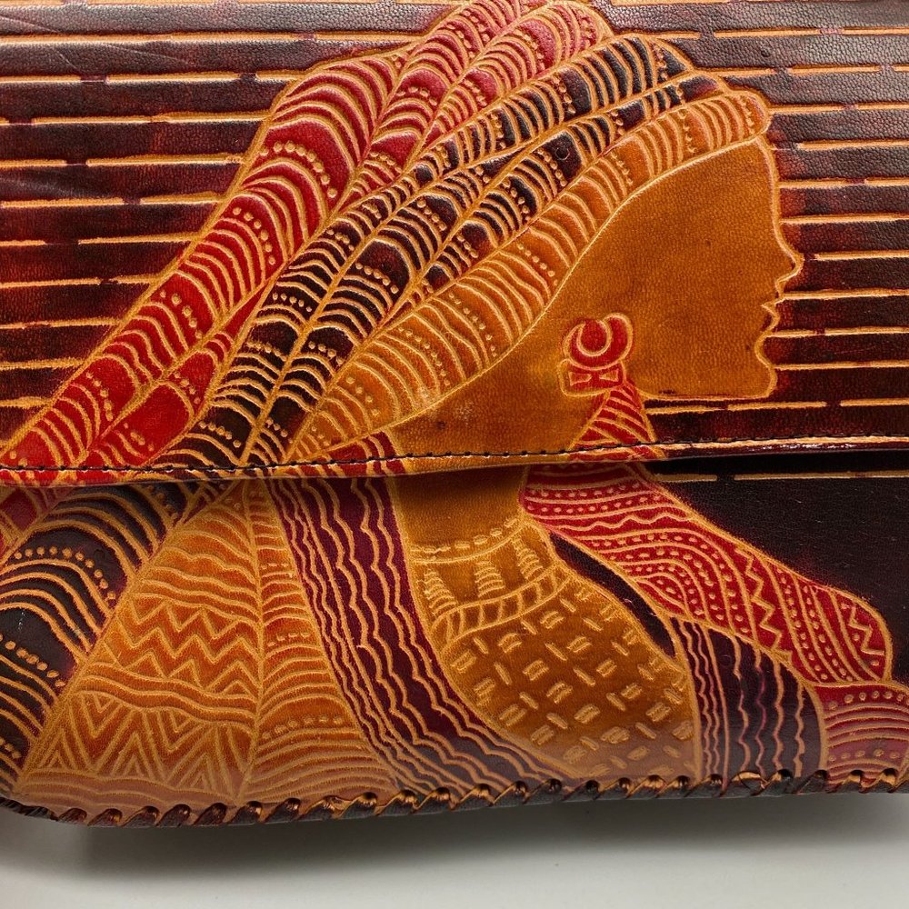 Vintage hand tooled leather African female braids ethnic purse India - Picture 11 of 13